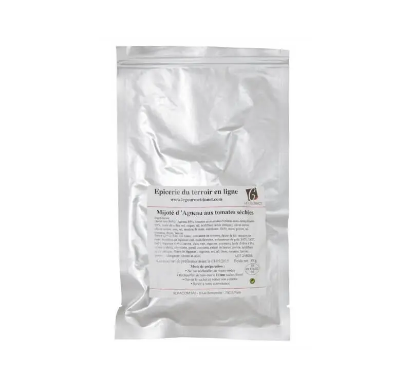 Sachet sous vide en aluminum contenant un plat cuisiné avec des produits de bonne qualité.